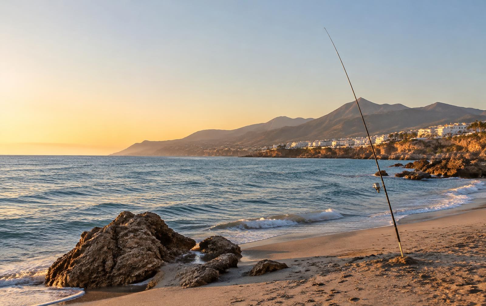Playa mediterránea al atardecer con una caña clavada en la arena
